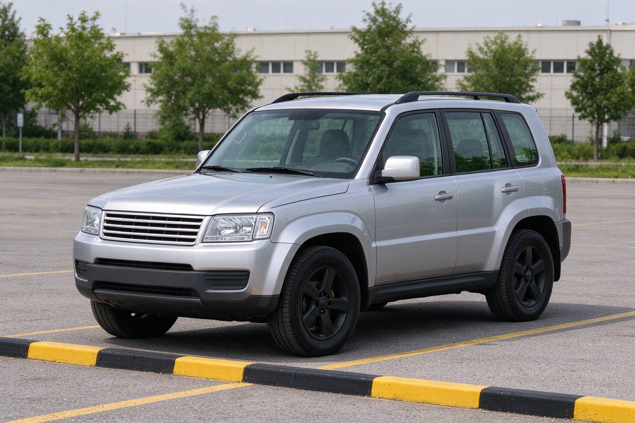 Исходный серебристый SUV на парковке с жёлтой разметкой