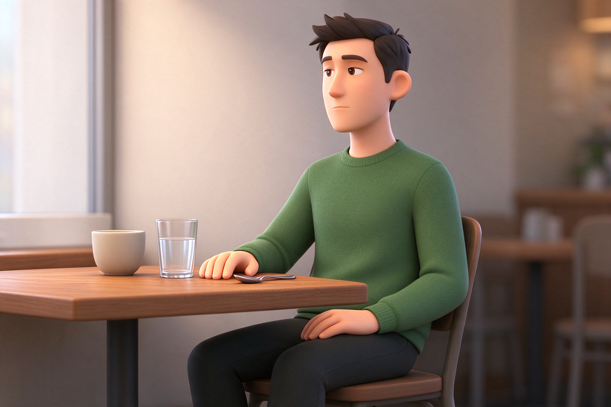 Стилизованная 3D-сцена: персонаж в зелёном джемпере за столом кафе