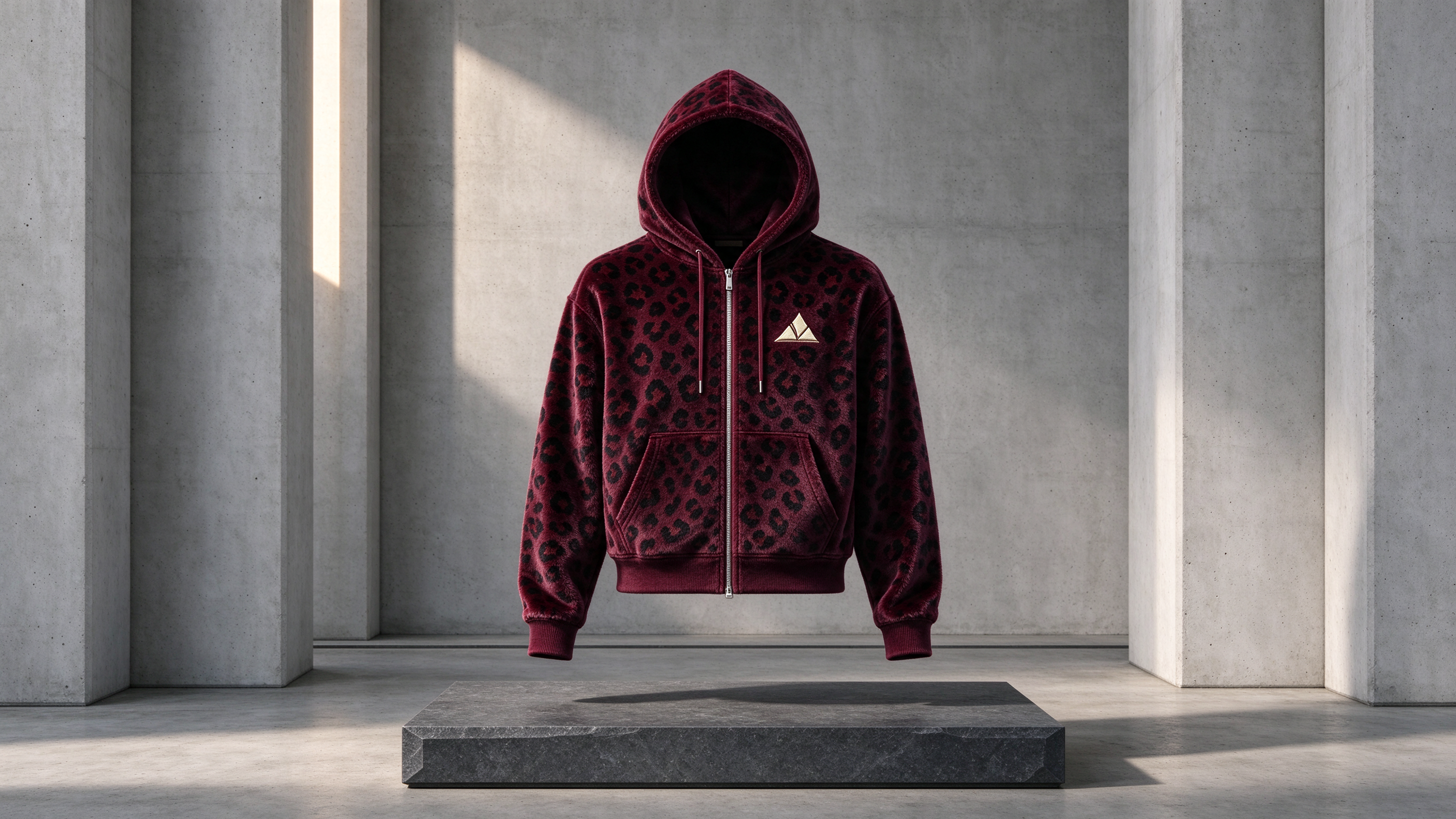 Полный бордовый zip-hoodie с чёрным леопардовым рисунком в бетонной архитектурной студии