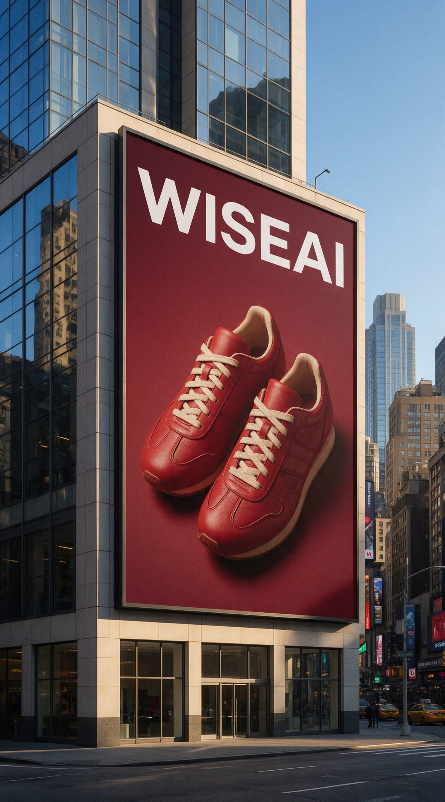 Собственный готовый городской щит WiseAI: высокий фасад, надпись WISEAI и две красные кроссовки